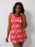 2026 New Women's Red & Orange Wave Print Cami Skirted Two-Piece Swimsuit For Vacation
