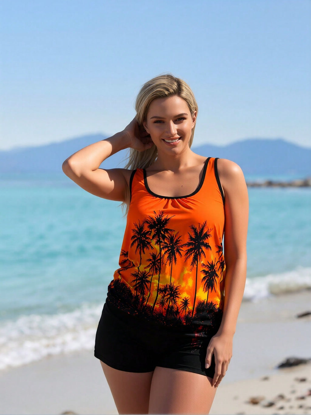 2026 New Women's Orange & Black Palm Tree Sunset Print Tank Top Boy Short Two-Piece Swimsuit for Vacation
