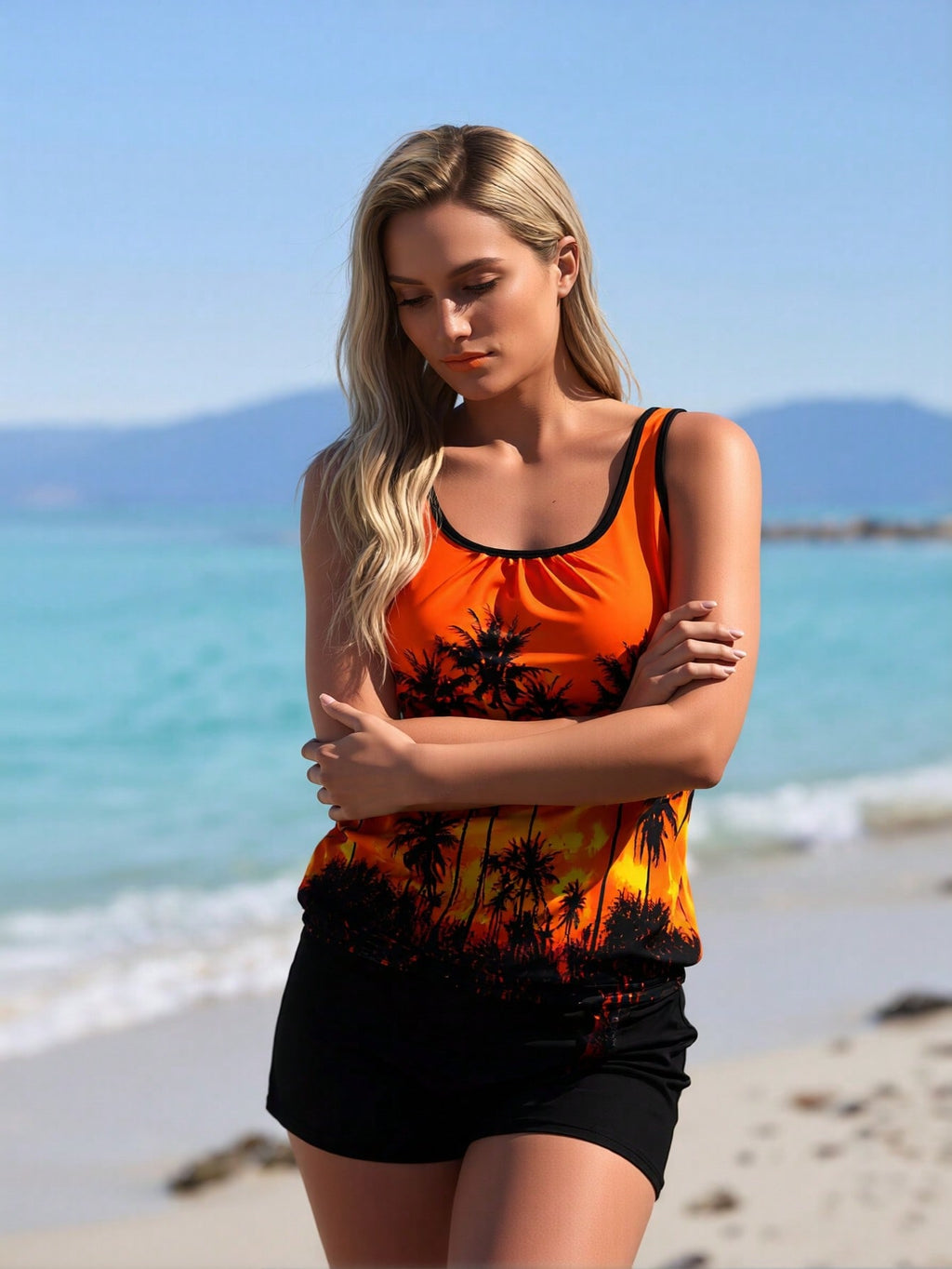 2026 New Women's Orange & Black Palm Tree Sunset Print Tank Top Boy Short Two-Piece Swimsuit for Vacation