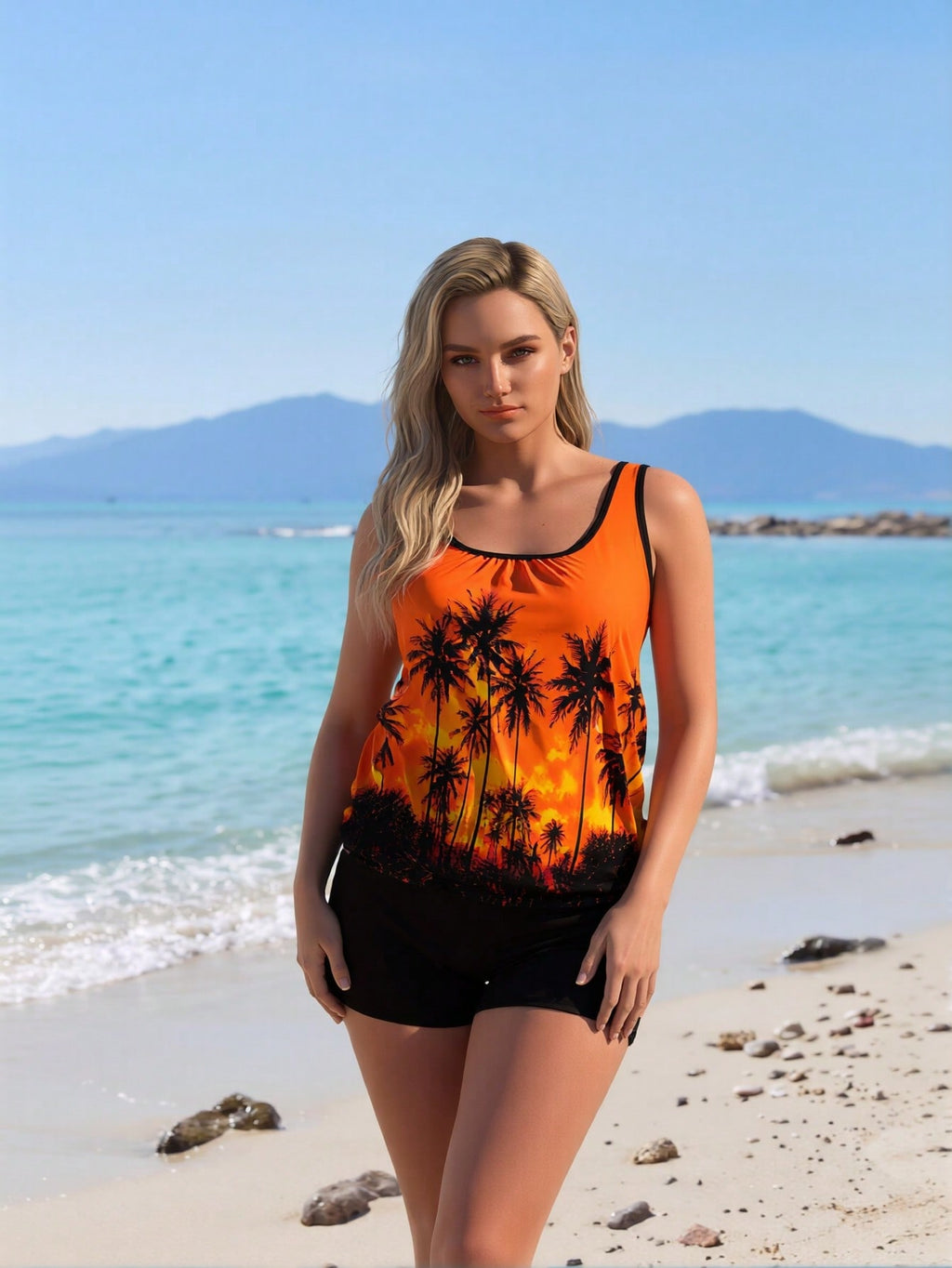 2026 New Women's Orange & Black Palm Tree Sunset Print Tank Top Boy Short Two-Piece Swimsuit for Vacation