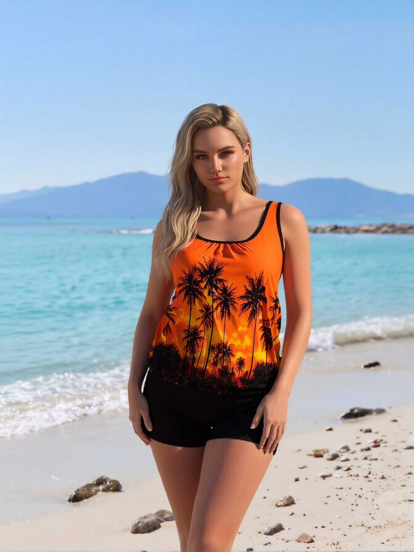 2026 New Women's Orange & Black Palm Tree Sunset Print Tank Top Boy Short Two-Piece Swimsuit for Vacation