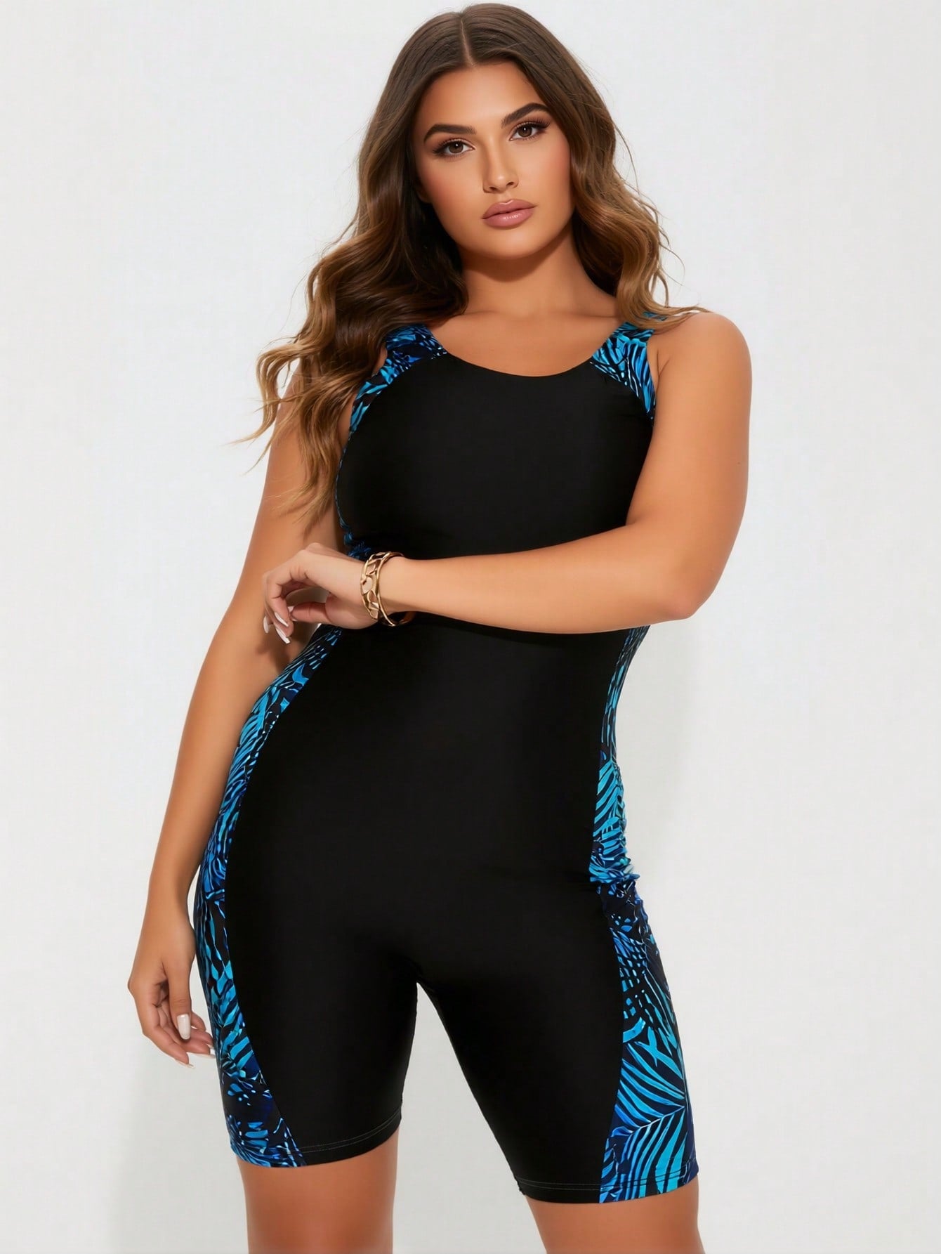2026 New Plus Size Women's Black & Blue Tropical Leaf Paneled Sleeveless Boy Short One-Piece Swimsuit for Vacation