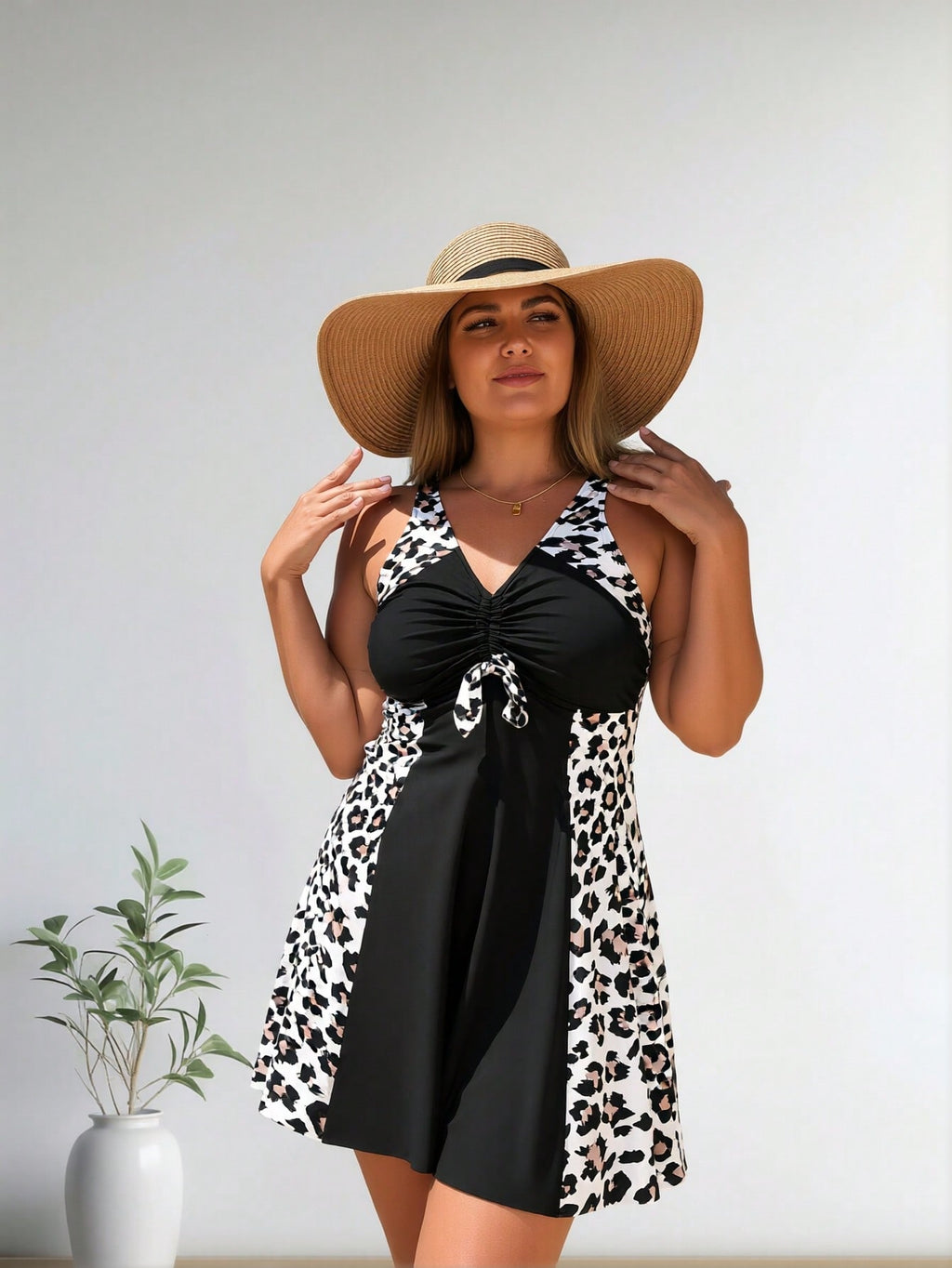 2026 New Plus Size Women's Black Leopard Print Paneled Drawstring V-Neck Skirted Two-Piece Swimsuit for Vacation