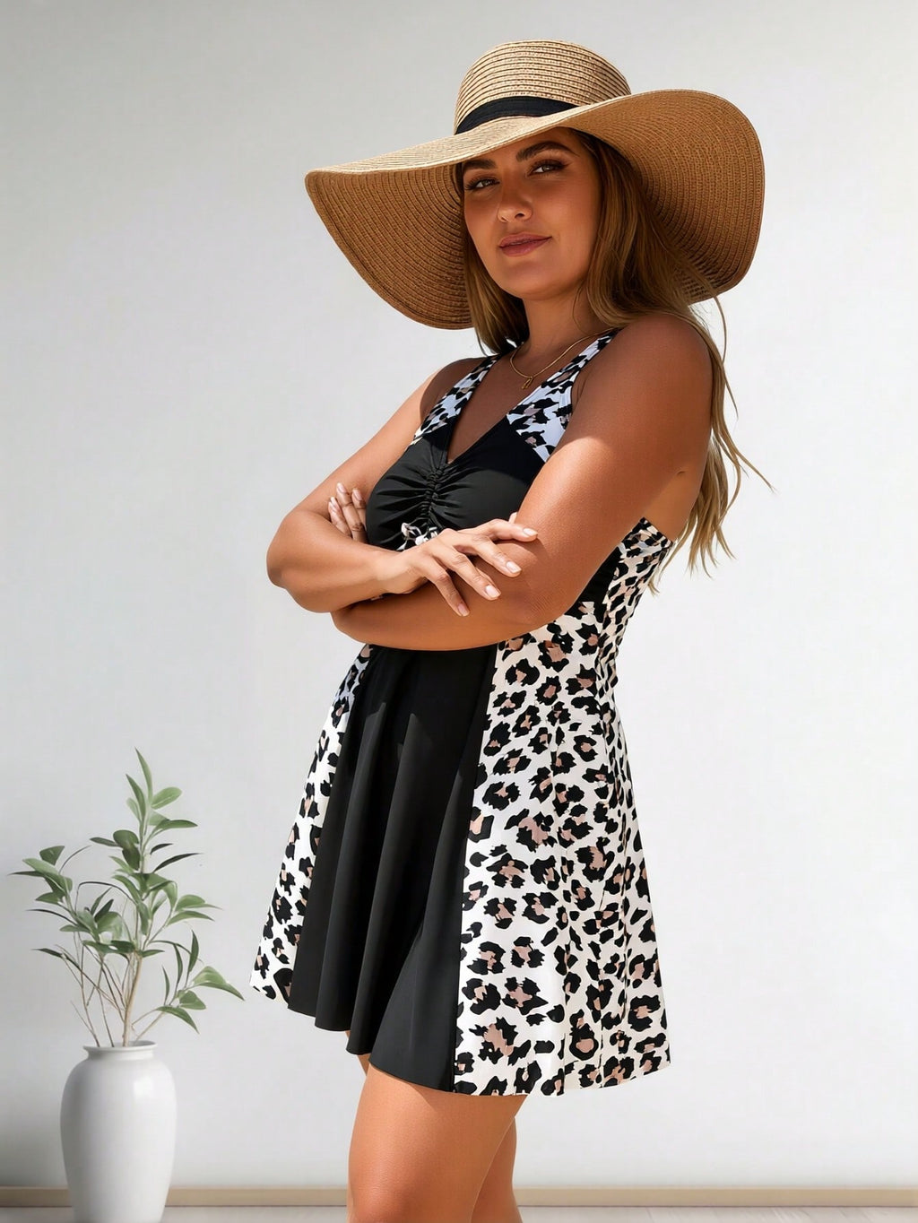 2026 New Plus Size Women's Black Leopard Print Paneled Drawstring V-Neck Skirted Two-Piece Swimsuit for Vacation