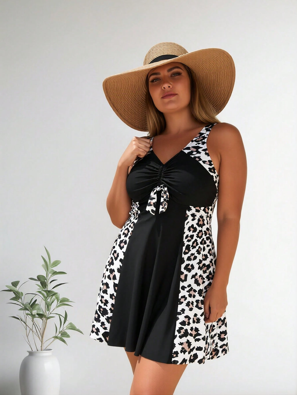 2026 New Plus Size Women's Black Leopard Print Paneled Drawstring V-Neck Skirted Two-Piece Swimsuit for Vacation