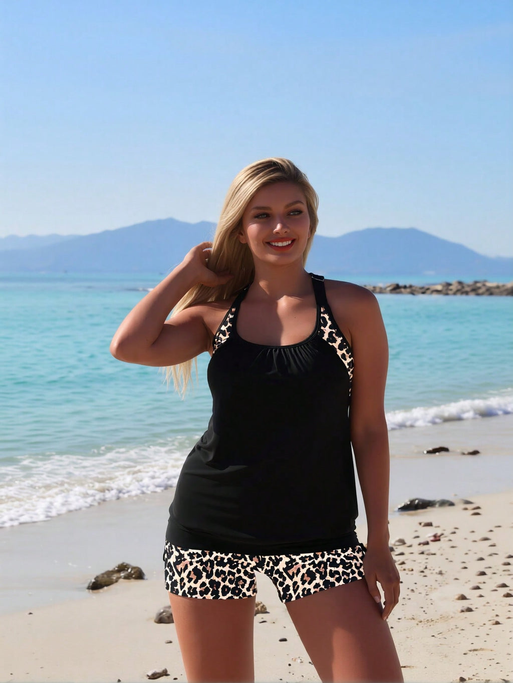 2026 New Women's Tankini Set: Solid Black Top With Leopard Print Shoulder Accents, Matching Leopard Print Swim Shorts, Modest Beach Style