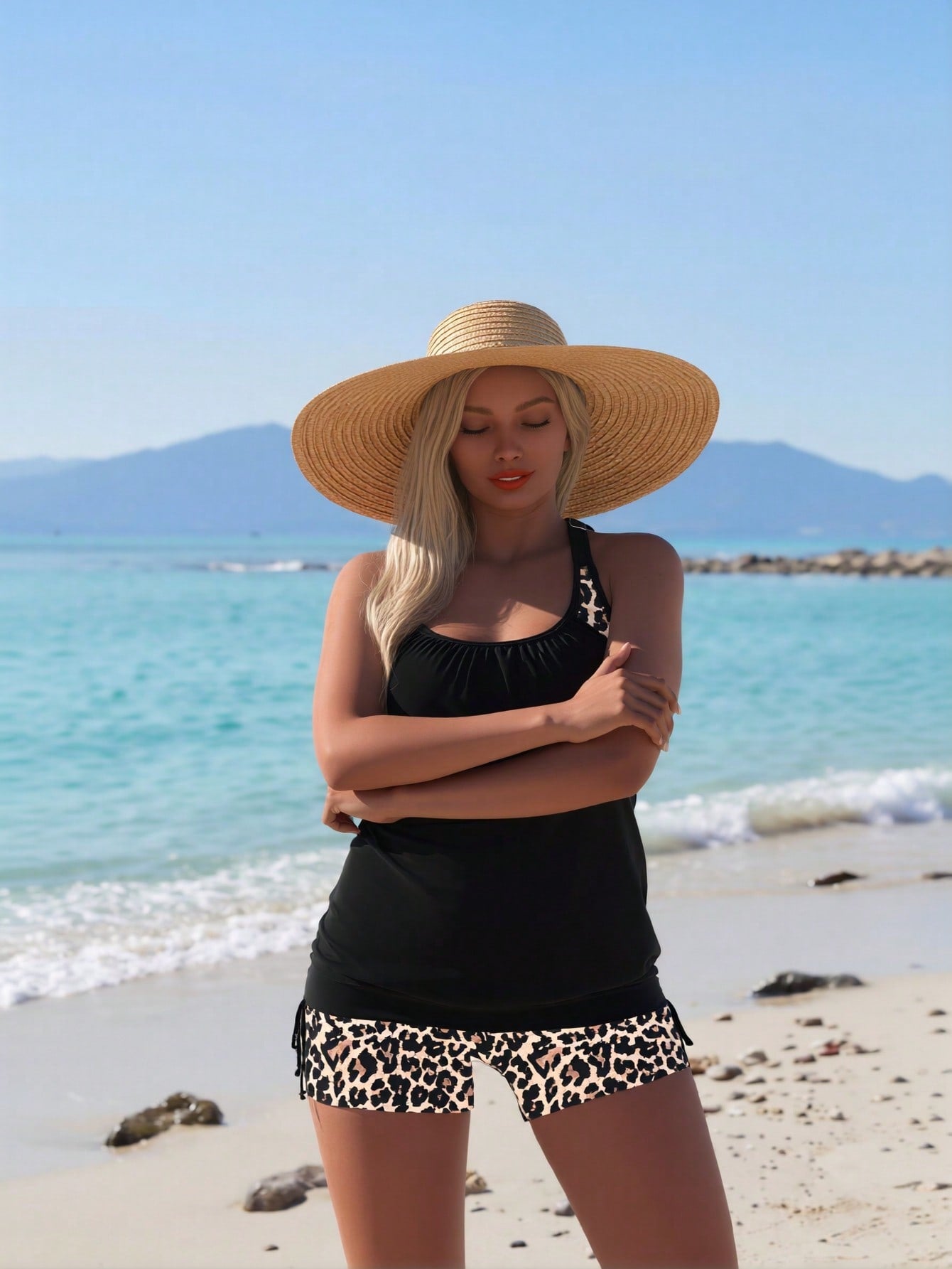 2026 New Women's Tankini Set: Solid Black Top With Leopard Print Shoulder Accents, Matching Leopard Print Swim Shorts, Modest Beach Style