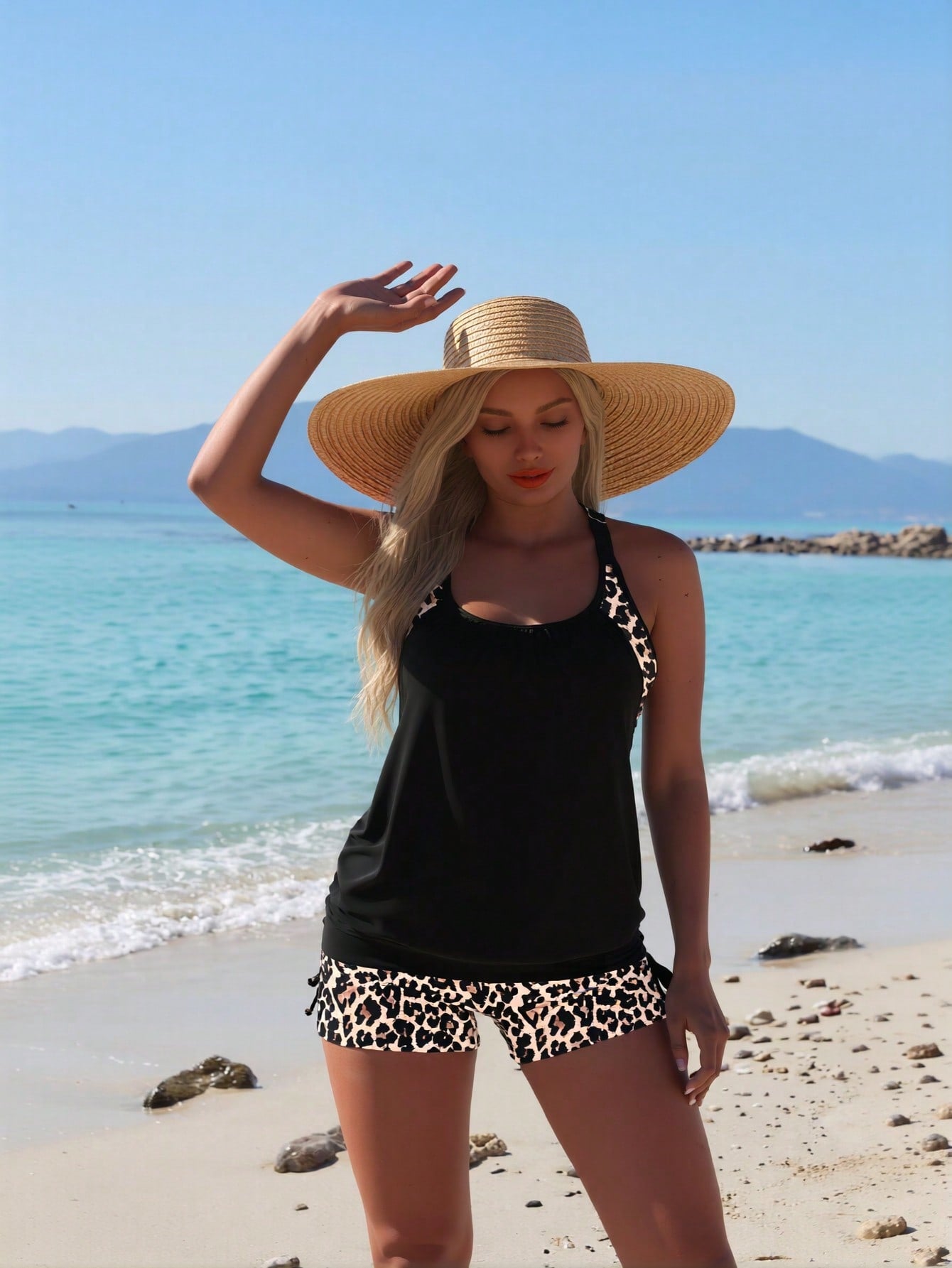 2026 New Women's Tankini Set: Solid Black Top With Leopard Print Shoulder Accents, Matching Leopard Print Swim Shorts, Modest Beach Style