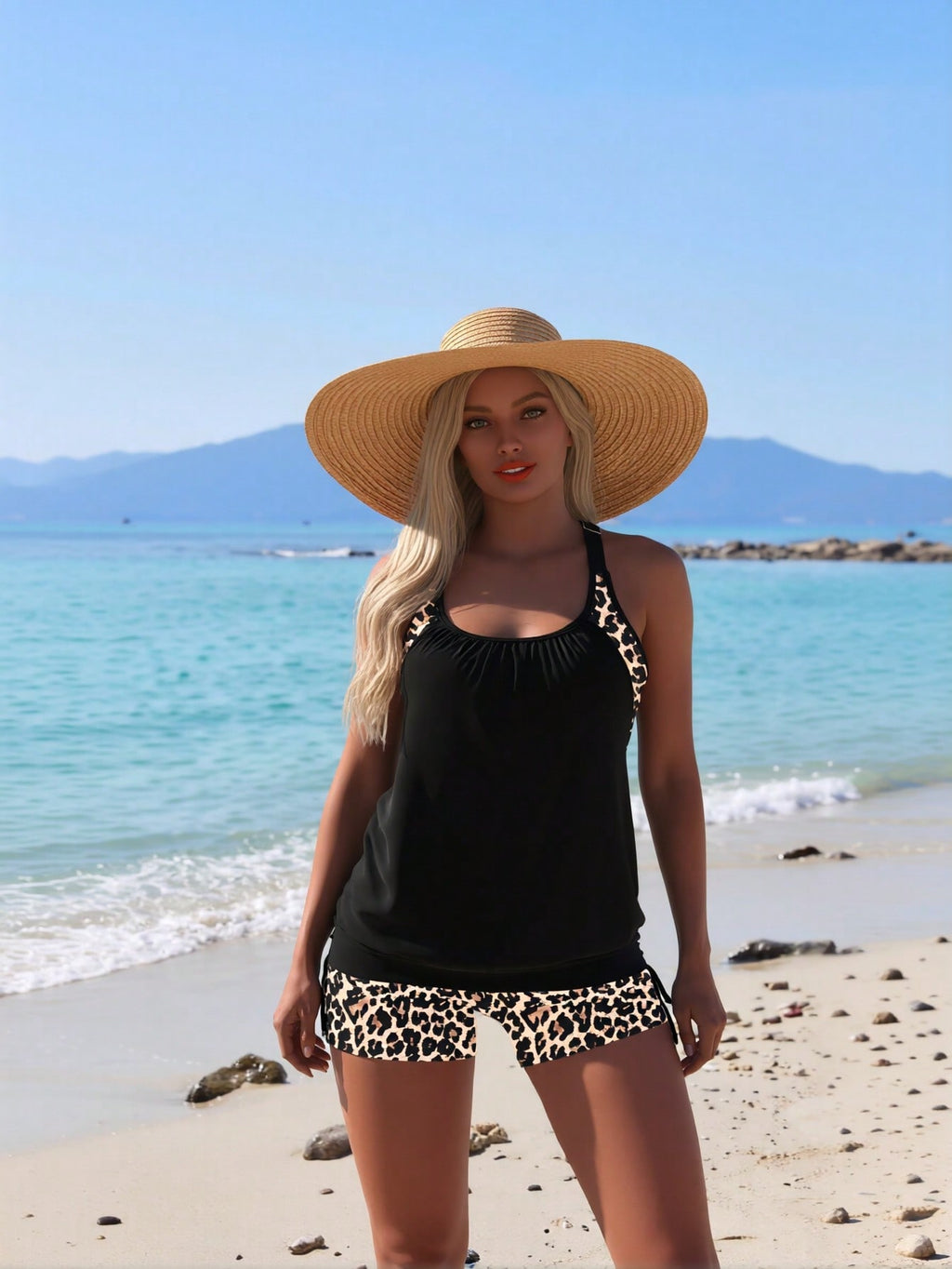 2026 New Women's Tankini Set: Solid Black Top With Leopard Print Shoulder Accents, Matching Leopard Print Swim Shorts, Modest Beach Style