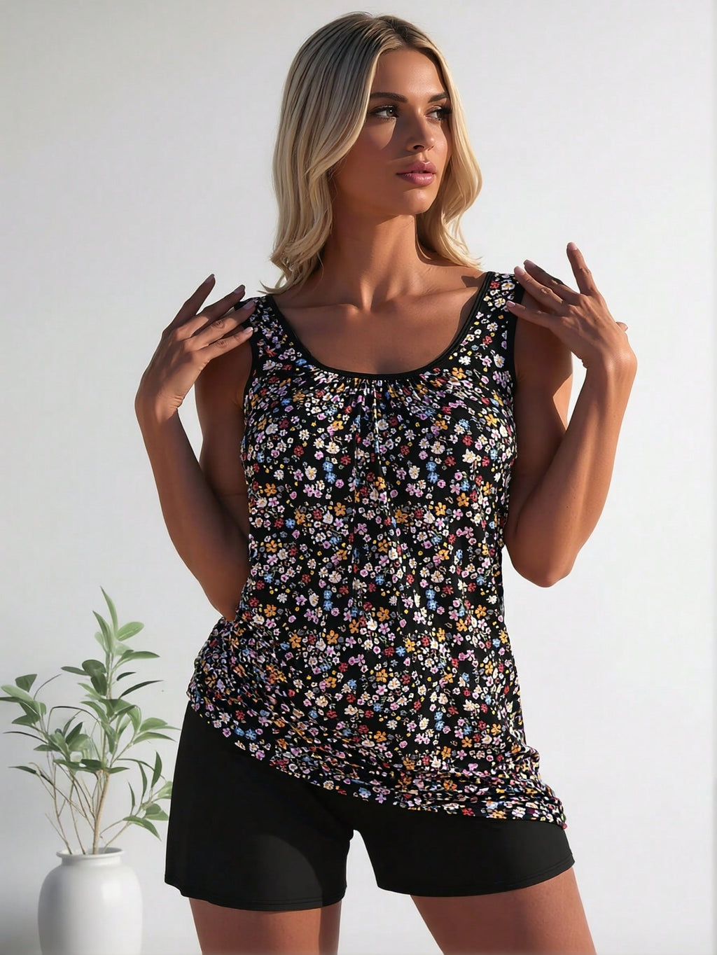 2026 New Fashion Swimsuit Women's Black Floral Print Plus Size Tankini + Boyshort Set for Sweet Style, Fresh & Slim Fit