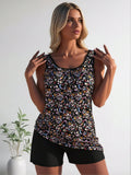 2026 New Fashion Swimsuit Women's Black Floral Print Plus Size Tankini + Boyshort Set for Sweet Style, Fresh & Slim Fit