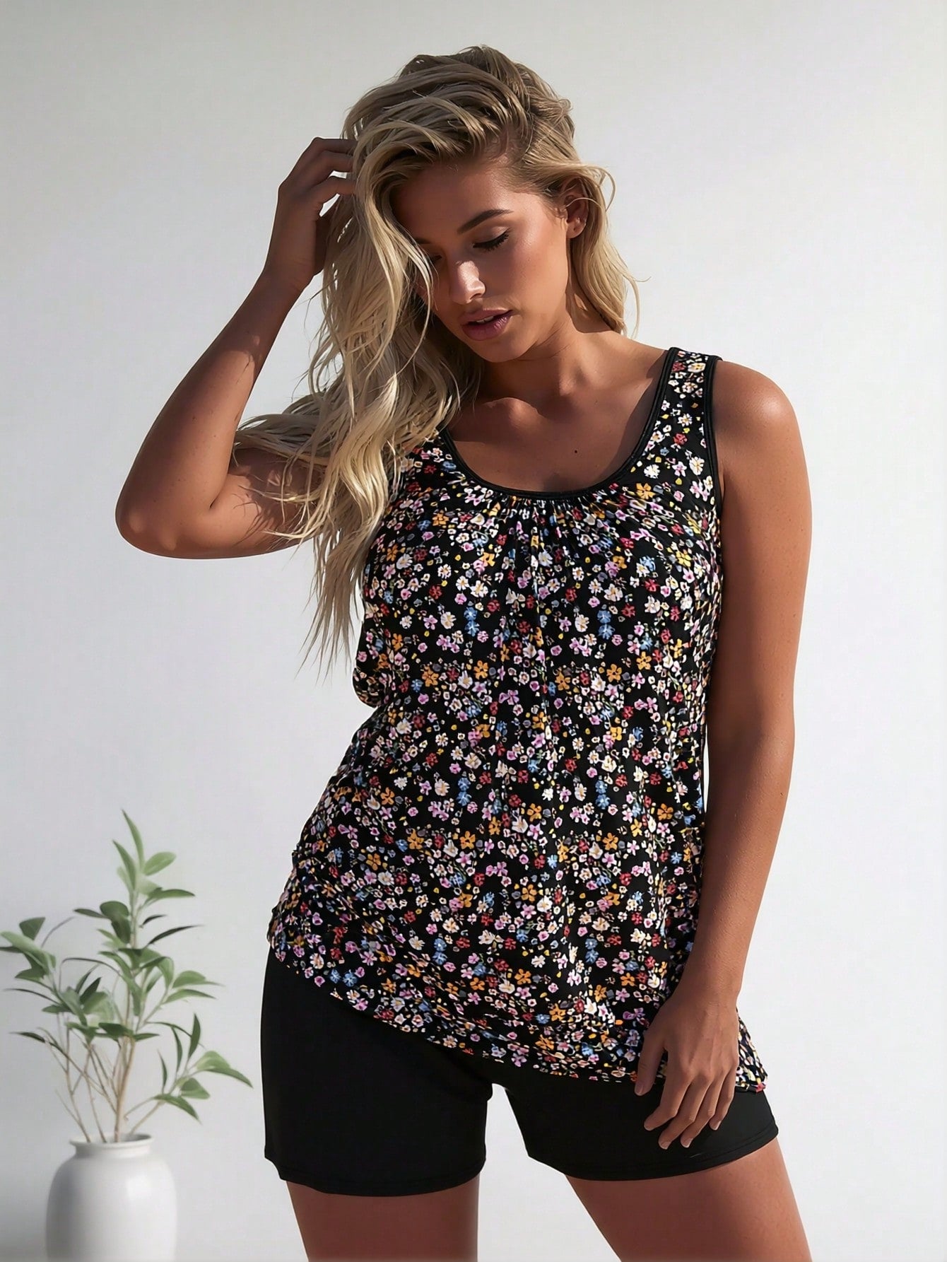2026 New Fashion Swimsuit Women's Black Floral Print Plus Size Tankini + Boyshort Set for Sweet Style, Fresh & Slim Fit
