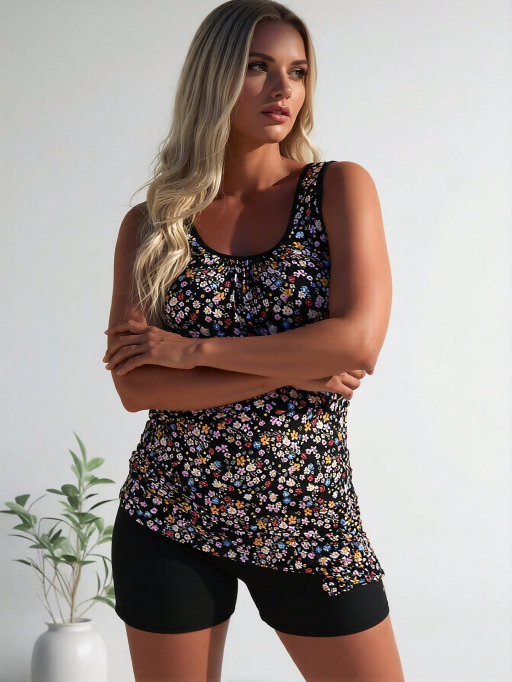 2026 New Fashion Swimsuit Women's Black Floral Print Plus Size Tankini + Boyshort Set for Sweet Style, Fresh & Slim Fit