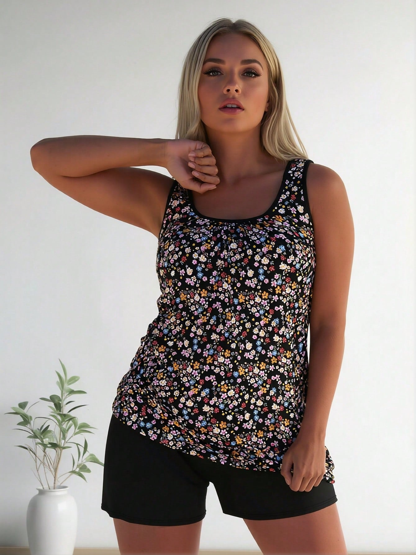 2026 New Fashion Swimsuit Women's Black Floral Print Plus Size Tankini + Boyshort Set for Sweet Style, Fresh & Slim Fit
