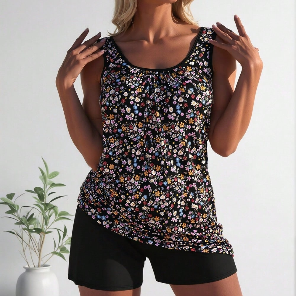 2026 New Fashion Swimsuit Women's Black Floral Print Plus Size Tankini + Boyshort Set for Sweet Style, Fresh & Slim Fit
