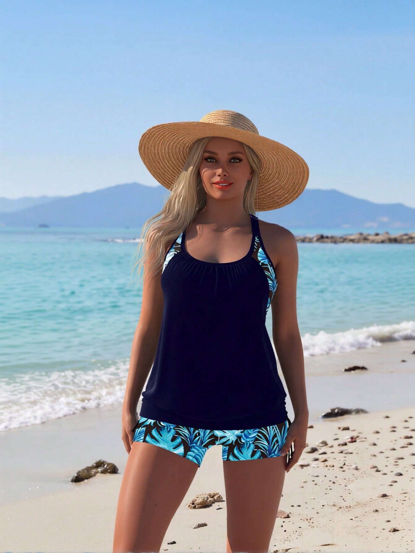 2026 Women's Modest Tankini Set: Solid Navy Blue Top with Tropical Leaf Print Shoulder Accents and Matching Tropical Print Swim Shorts