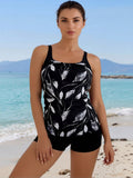 2026 New Women's Tankini Set: Black Base with White Leaf Print, Ruched Side Detail, Matching Black Swim Shorts, Modest Beach Style