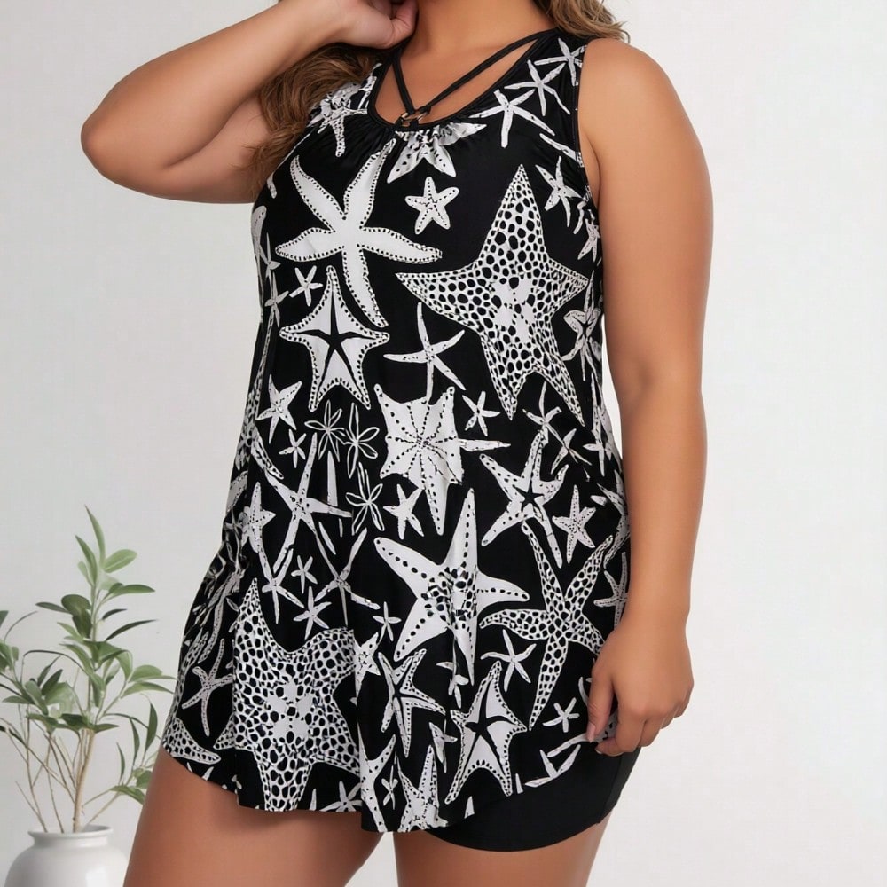 2026 New Women's Plus Size Tankini Set: Black Base With White Starfish Print, Crisscross Neck Detail, Matching Black Swim Shorts, Modest Beach Style