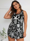 2026 New Women's Plus Size Tankini Set: Black Base With White Starfish Print, Crisscross Neck Detail, Matching Black Swim Shorts, Modest Beach Style