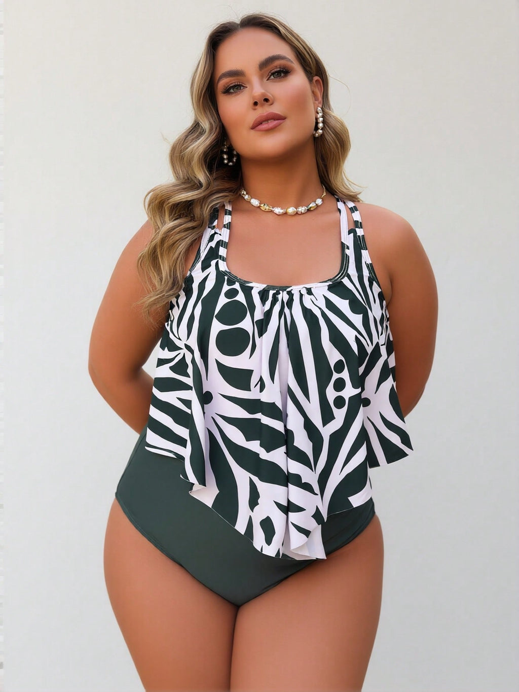 2026 New Women's Plus Size One-Piece Swimsuit: Dark Green Base With White Abstract Print Flounce Overlay, Double Strap Detail, Modest Beach Style