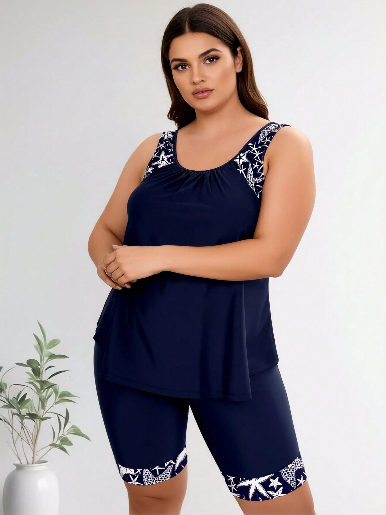 2026 New Plus Size Swimsuit Women's Navy Blue Starfish Print Loose Tankini + Capri Set for Beach Vacation, Comfort & Modest Fit