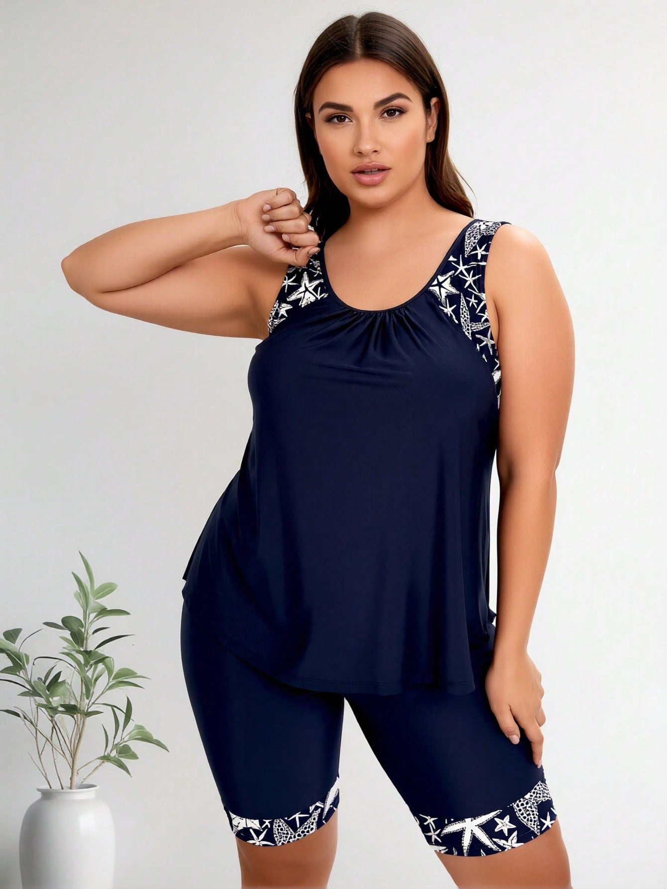 2026 New Plus Size Swimsuit Women's Navy Blue Starfish Print Loose Tankini + Capri Set for Beach Vacation, Comfort & Modest Fit