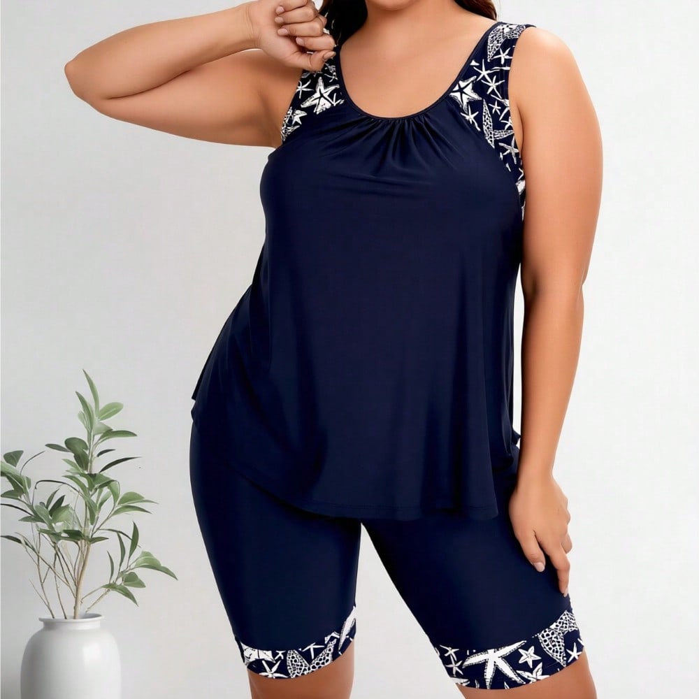 2026 New Plus Size Swimsuit Women's Navy Blue Starfish Print Loose Tankini + Capri Set for Beach Vacation, Comfort & Modest Fit