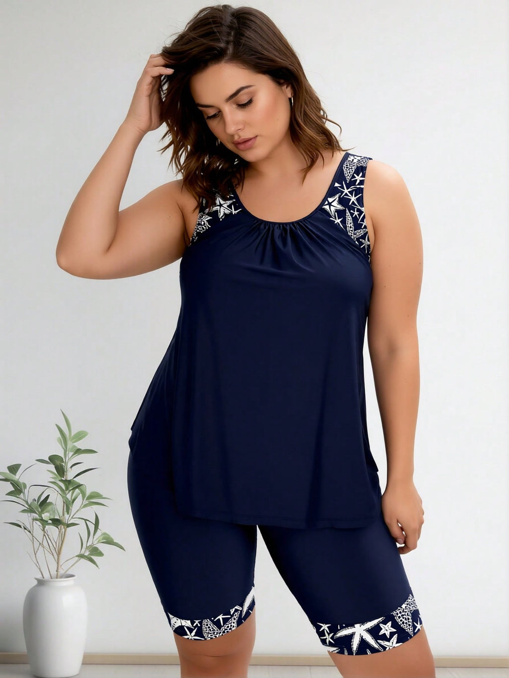 2026 New Plus Size Swimsuit Women's Navy Blue Starfish Print Loose Tankini + Capri Set for Beach Vacation, Comfort & Modest Fit