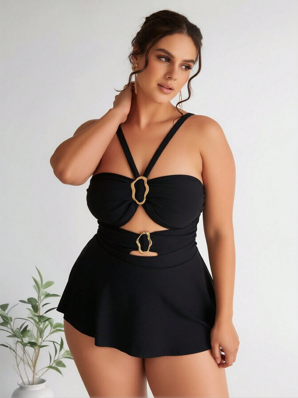 2026 New Women's Plus Size Swimdress: Solid Black, Gold O-Ring Cutout Detail, Halter Neck, Flared Skirt Overlay, Elegant Modest Beach Style