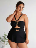 2026 New Women's Plus Size Swimdress: Solid Black, Gold O-Ring Cutout Detail, Halter Neck, Flared Skirt Overlay, Elegant Modest Beach Style
