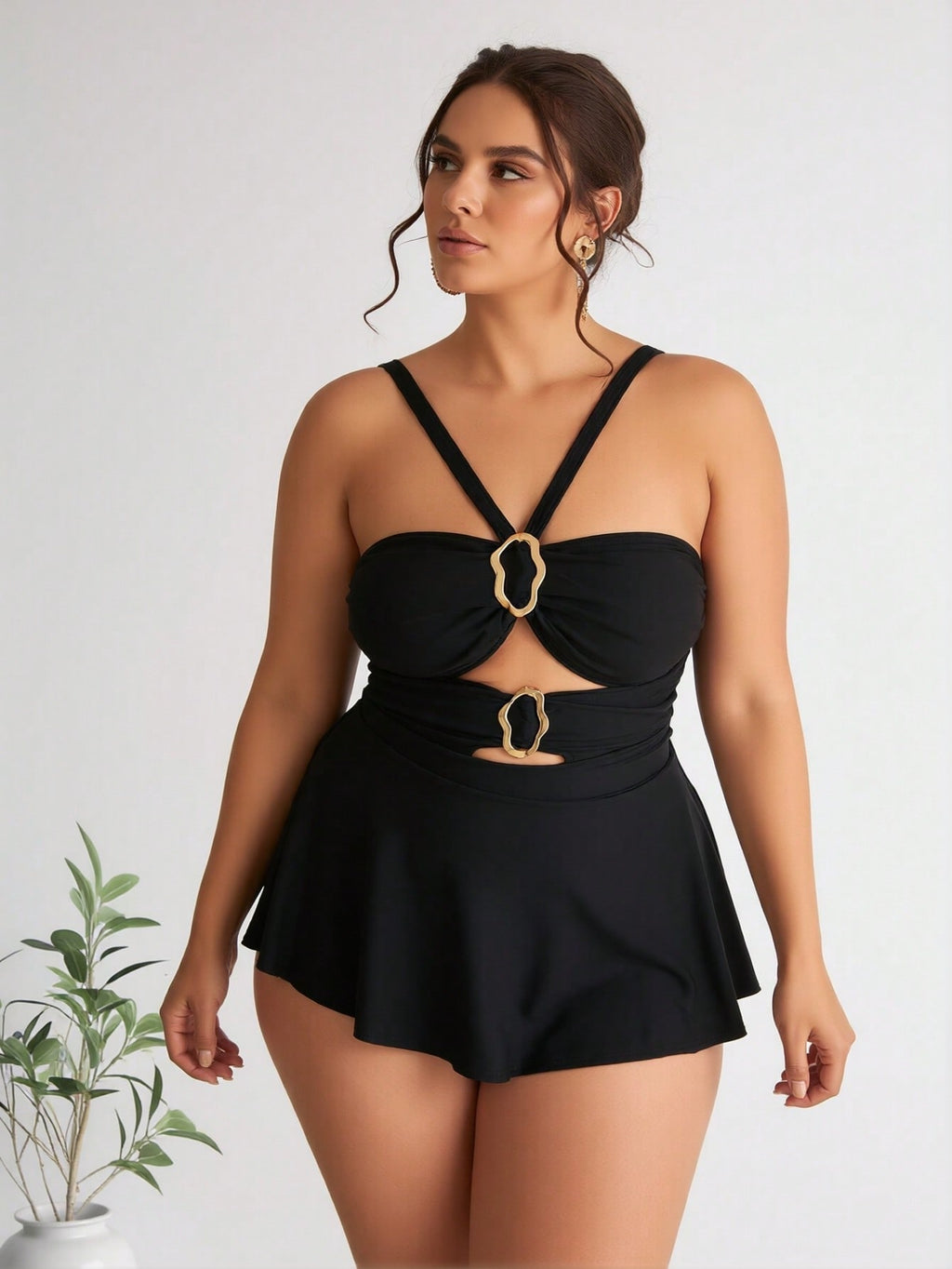 2026 New Women's Plus Size Swimdress: Solid Black, Gold O-Ring Cutout Detail, Halter Neck, Flared Skirt Overlay, Elegant Modest Beach Style