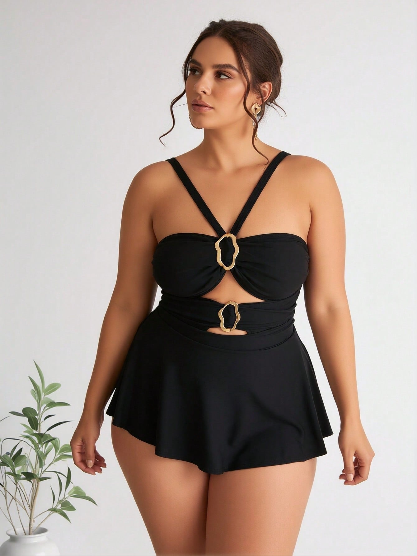 2026 New Women's Plus Size Swimdress: Solid Black, Gold O-Ring Cutout Detail, Halter Neck, Flared Skirt Overlay, Elegant Modest Beach Style