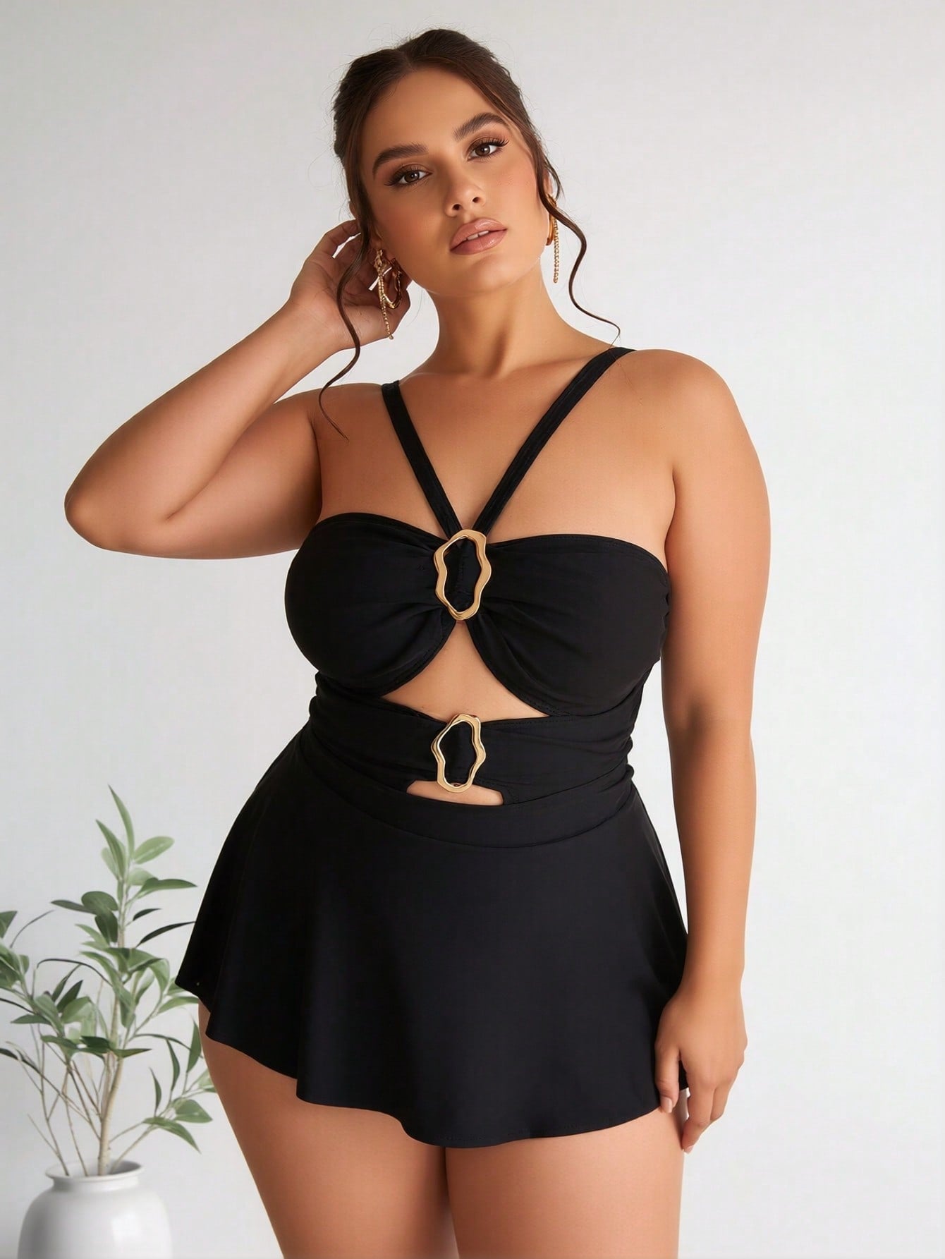 2026 New Women's Plus Size Swimdress: Solid Black, Gold O-Ring Cutout Detail, Halter Neck, Flared Skirt Overlay, Elegant Modest Beach Style