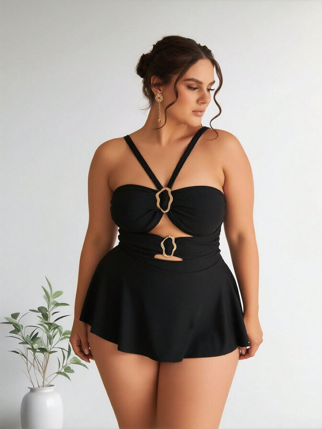 2026 New Women's Plus Size Swimdress: Solid Black, Gold O-Ring Cutout Detail, Halter Neck, Flared Skirt Overlay, Elegant Modest Beach Style