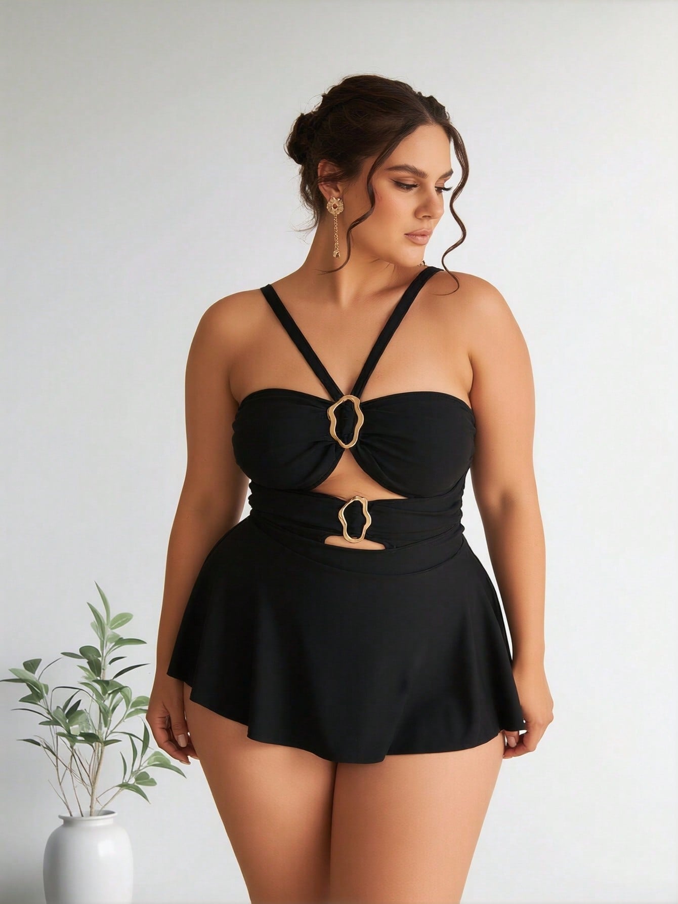 2026 New Women's Plus Size Swimdress: Solid Black, Gold O-Ring Cutout Detail, Halter Neck, Flared Skirt Overlay, Elegant Modest Beach Style