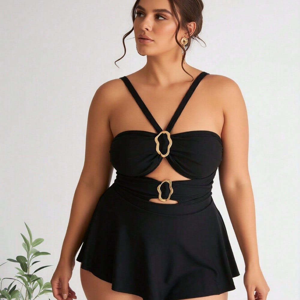 2026 New Women's Plus Size Swimdress: Solid Black, Gold O-Ring Cutout Detail, Halter Neck, Flared Skirt Overlay, Elegant Modest Beach Style