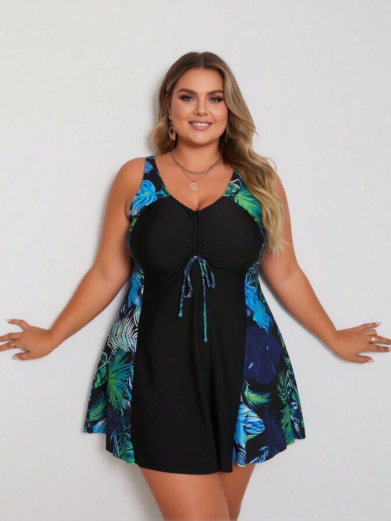2026 Vacation Style Plus Size Swimdress: Vibrant Tropical Leaf Print On Black Base For A Fresh And Modest Beach Look