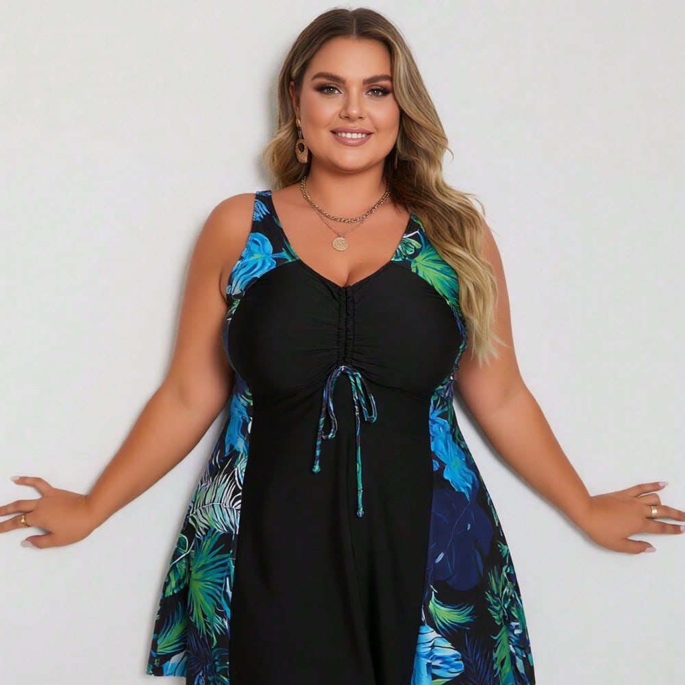 2026 Vacation Style Plus Size Swimdress: Vibrant Tropical Leaf Print On Black Base For A Fresh And Modest Beach Look