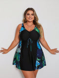 2026 Vacation Style Plus Size Swimdress: Vibrant Tropical Leaf Print On Black Base For A Fresh And Modest Beach Look