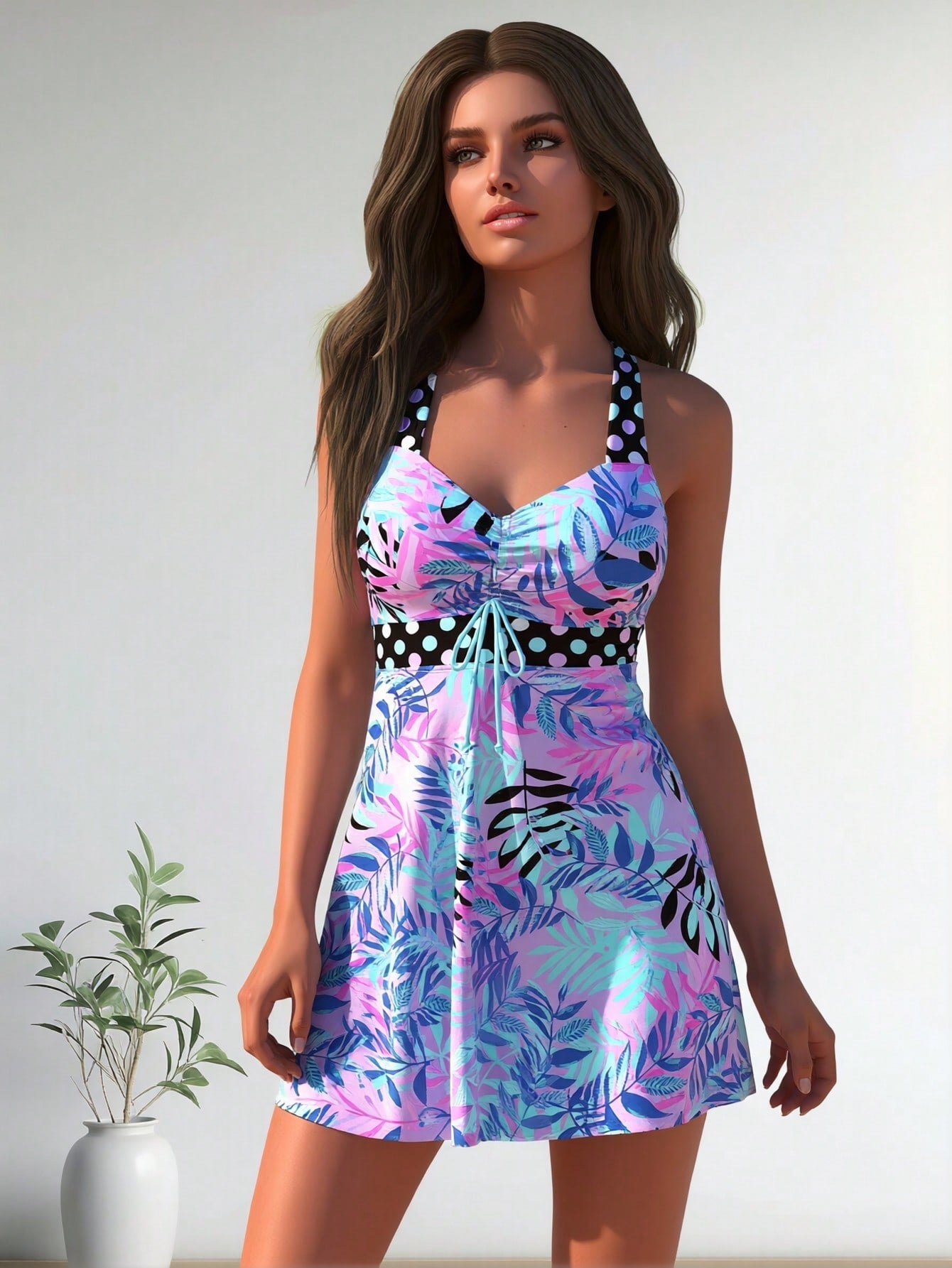 2026 Vacation Style Swimdress: Vibrant Tropical Print on Pastel Pink Base with Polka Dot Accents for a Fun and Flirty Beach Look