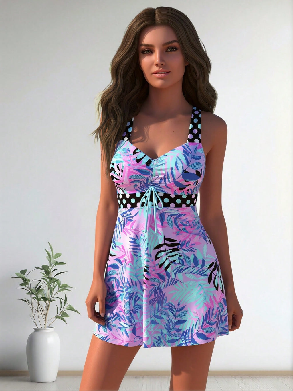 2026 Vacation Style Swimdress: Vibrant Tropical Print on Pastel Pink Base with Polka Dot Accents for a Fun and Flirty Beach Look