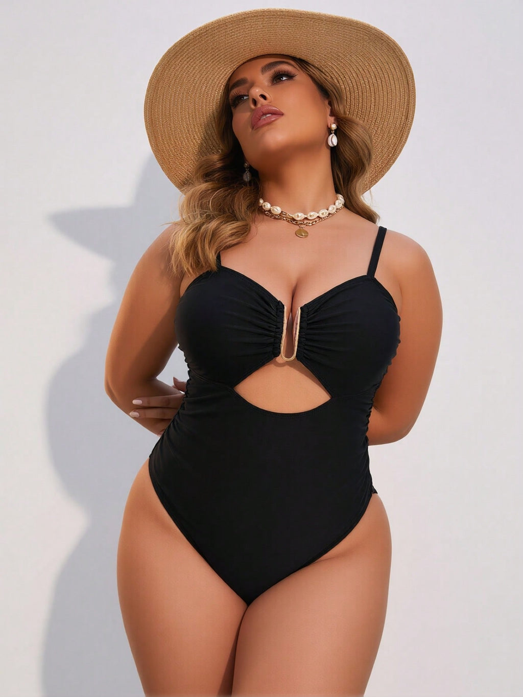 2026 New Women's Plus Size One-Piece Swimsuit: Solid Black, Gold U-Ring Cutout Detail, Ruched Bust, High-Cut Leg, Sleek Beach Style