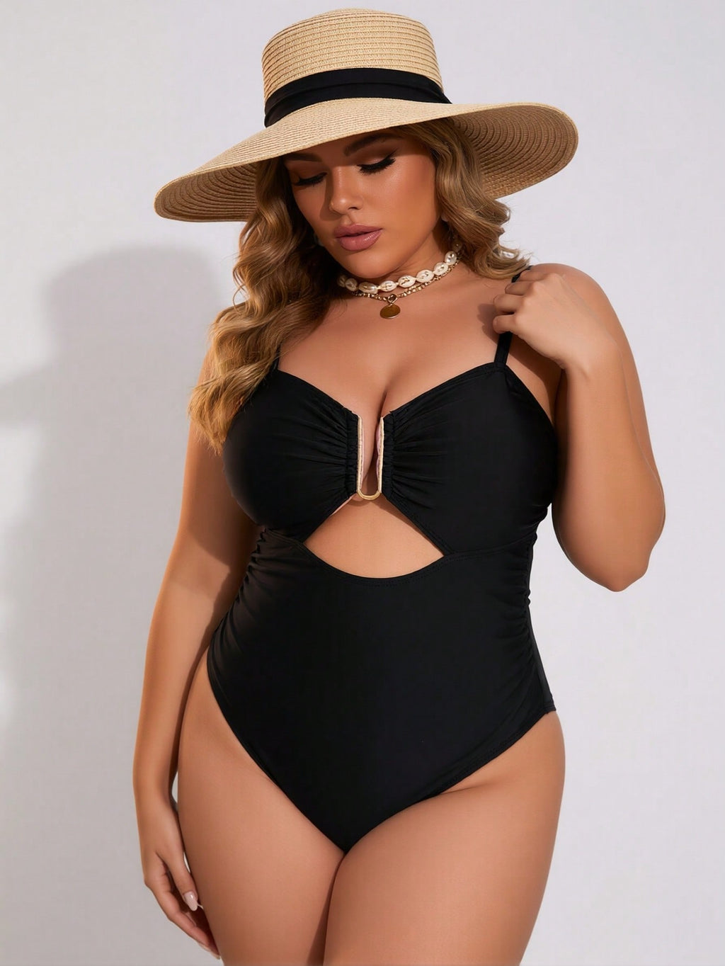 2026 New Women's Plus Size One-Piece Swimsuit: Solid Black, Gold U-Ring Cutout Detail, Ruched Bust, High-Cut Leg, Sleek Beach Style