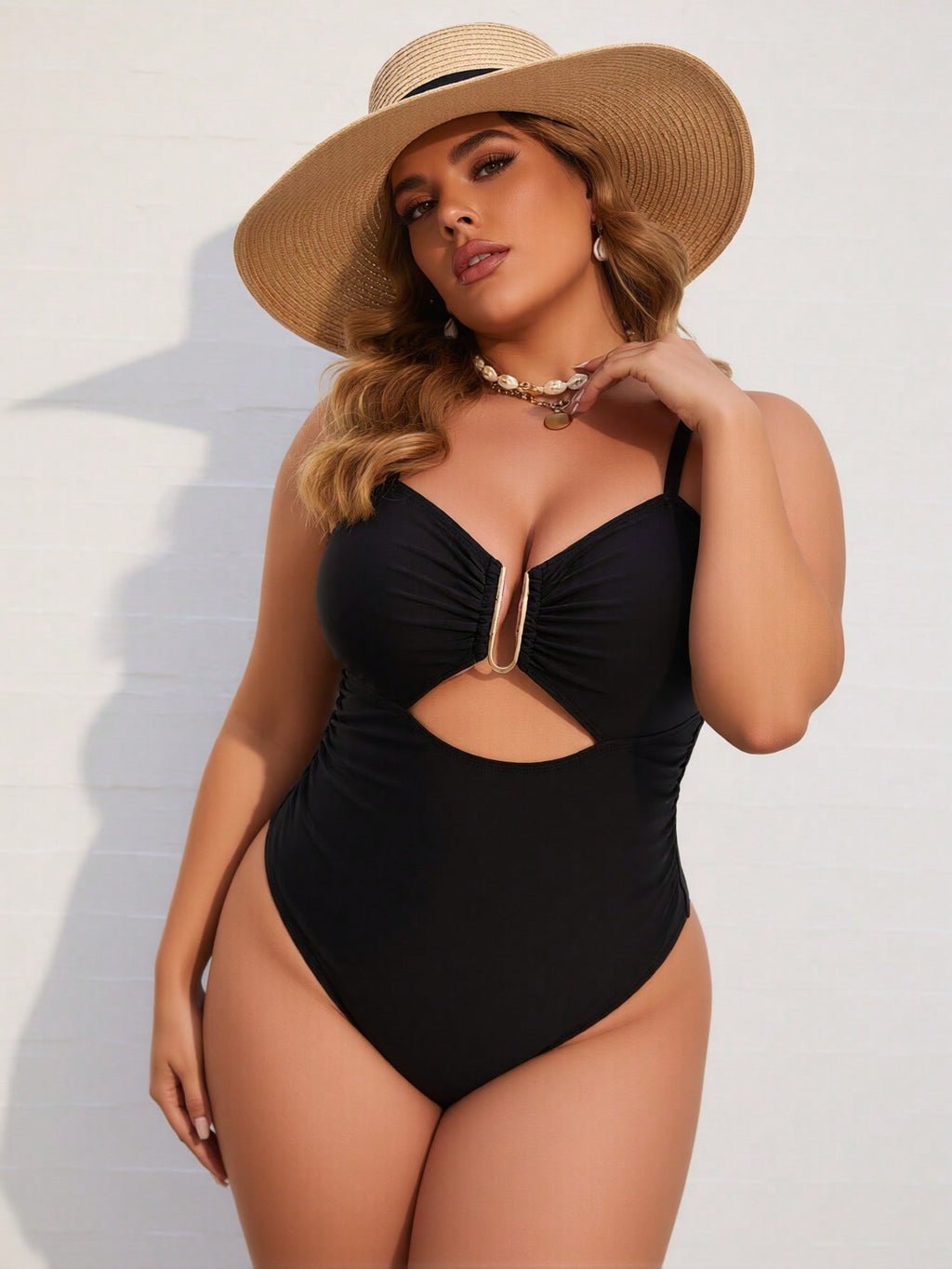 2026 New Women's Plus Size One-Piece Swimsuit: Solid Black, Gold U-Ring Cutout Detail, Ruched Bust, High-Cut Leg, Sleek Beach Style