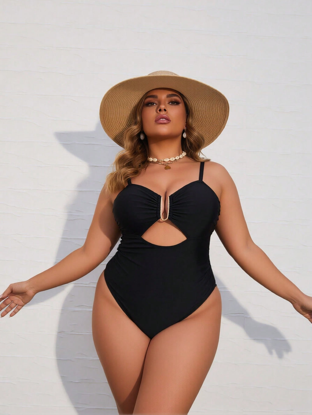 2026 New Women's Plus Size One-Piece Swimsuit: Solid Black, Gold U-Ring Cutout Detail, Ruched Bust, High-Cut Leg, Sleek Beach Style