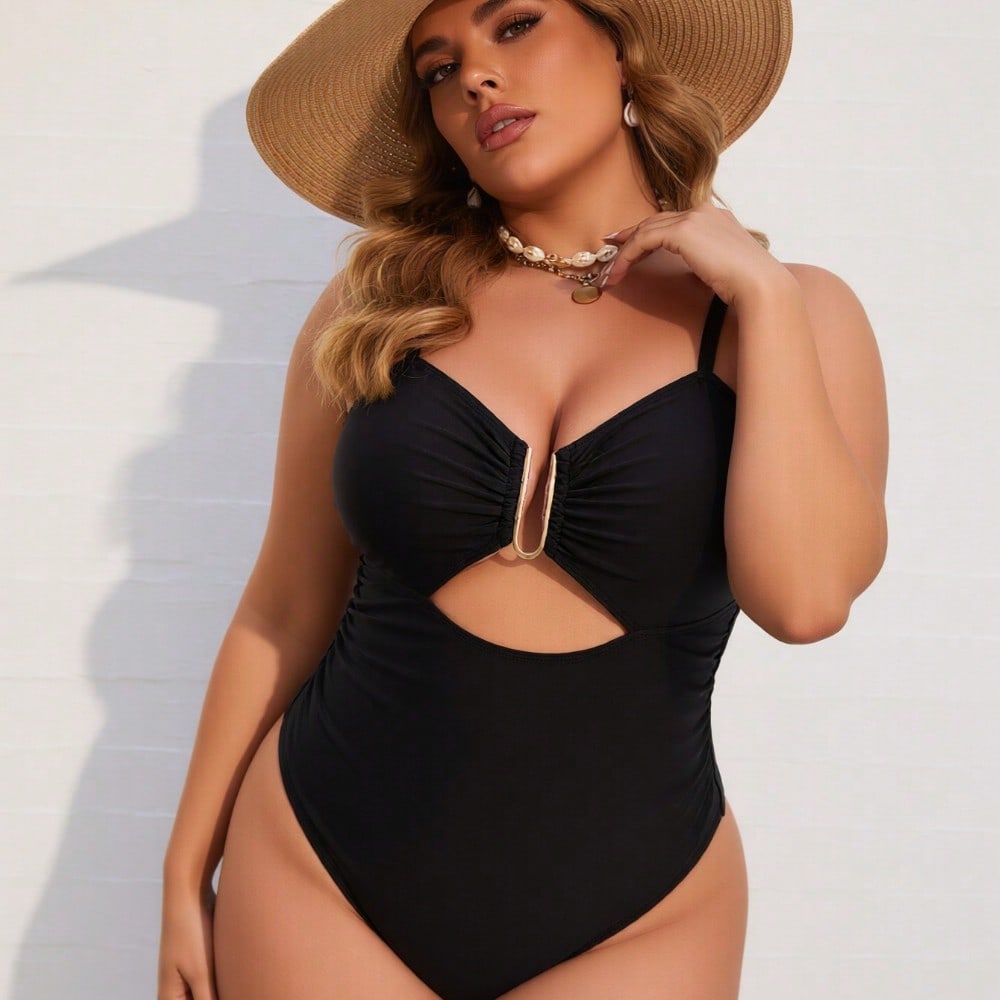 2026 New Women's Plus Size One-Piece Swimsuit: Solid Black, Gold U-Ring Cutout Detail, Ruched Bust, High-Cut Leg, Sleek Beach Style