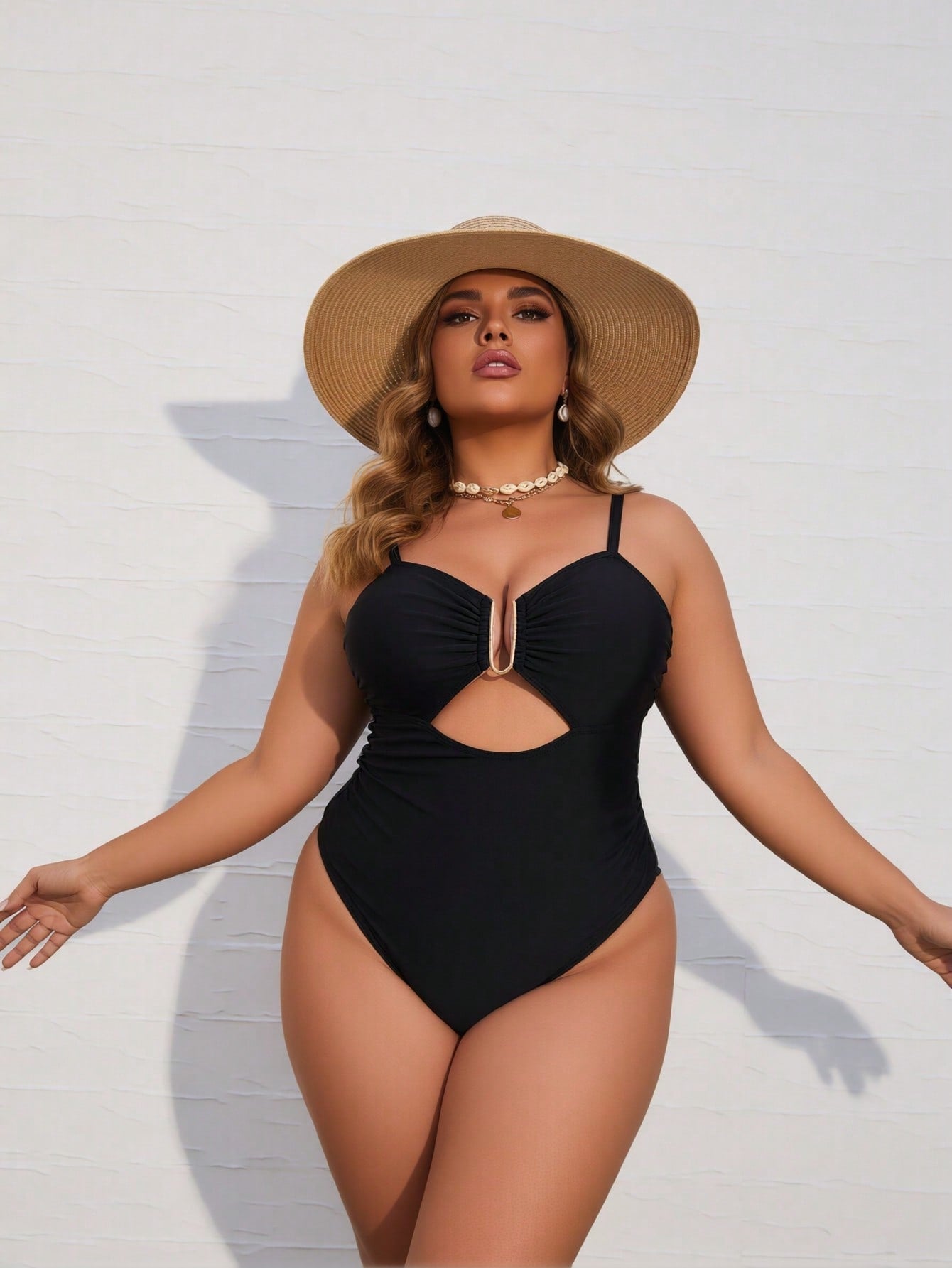 2026 New Women's Plus Size One-Piece Swimsuit: Solid Black, Gold U-Ring Cutout Detail, Ruched Bust, High-Cut Leg, Sleek Beach Style