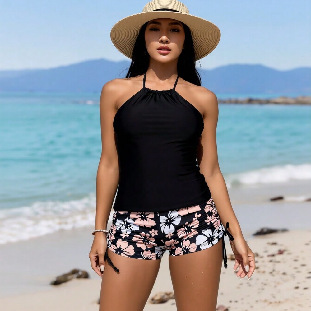 2026 New Fashion Swimsuit Women's Black Halter Tankini Top with Floral Print Drawstring Boyshort Bottom Set for Beach Vacation, Slim & Tummy Control
