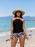 2026 New Fashion Swimsuit Women's Black Halter Tankini Top with Floral Print Drawstring Boyshort Bottom Set for Beach Vacation, Slim & Tummy Control