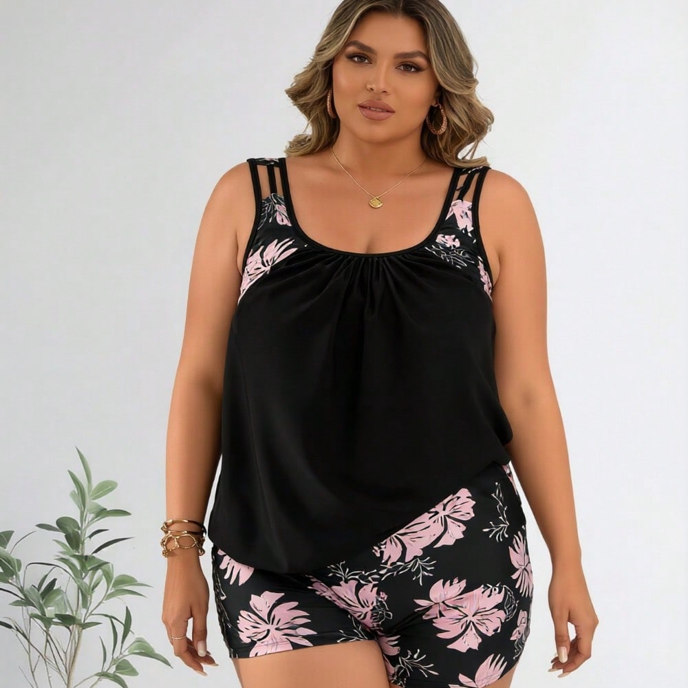 2026 Women's Modest Plus Size Tankini Set: Solid Black Top With Pink Floral Print Shoulder Accents And Matching Pink Floral Print Swim Shorts